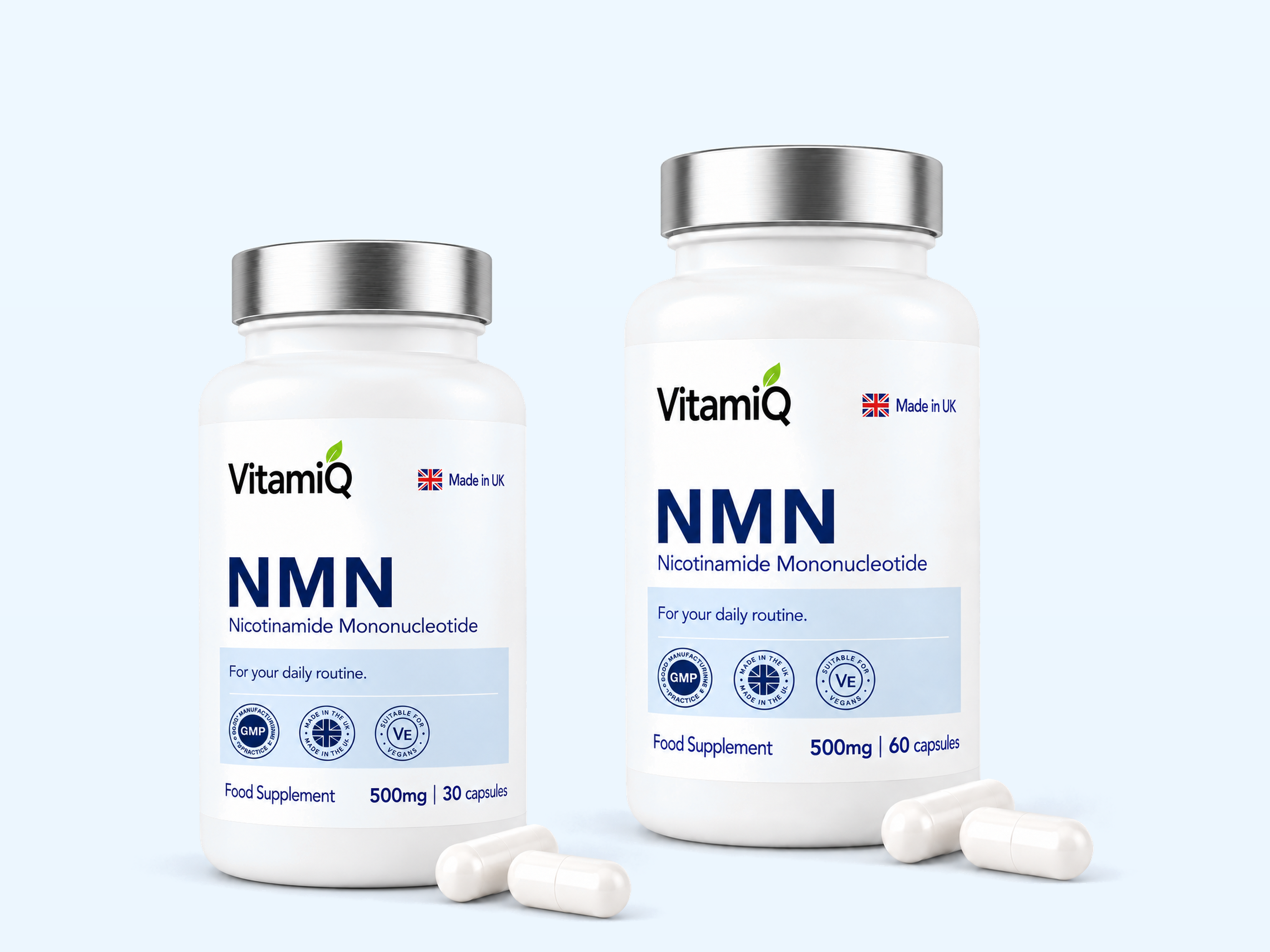 VitamiQ NMN 30 and 60 capsule bottles on a soft blue background