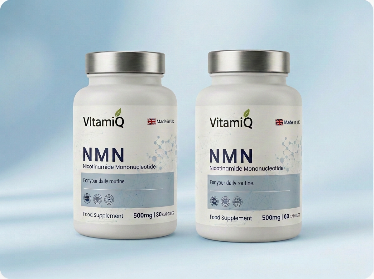 VitamiQ NMN 30 and 60 capsule bottles on a soft blue background